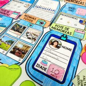 Imagem ilustrativa do Pote de Memórias, incluindo flipbook, adesivo personalizável, corações com perguntas reflexivas, corações em branco e lembrancinha para atividades socioemocionais.