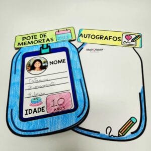 Imagem ilustrativa do Pote de Memórias, incluindo flipbook, adesivo personalizável, corações com perguntas reflexivas, corações em branco e lembrancinha para atividades socioemocionais.