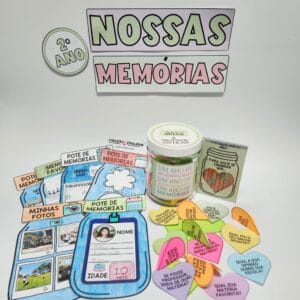Imagem ilustrativa do Pote de Memórias, incluindo flipbook, adesivo personalizável, corações com perguntas reflexivas, corações em branco e lembrancinha para atividades socioemocionais.