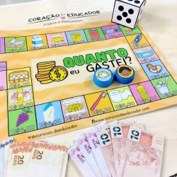 Jogo de tabuleiro educativo sobre gastos e economia com dinheiro e dados.