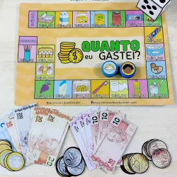 Jogo de tabuleiro com dinheiro e perguntas sobre gastos.