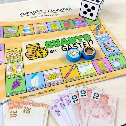 Jogo de tabuleiro educativo sobre gastos e economia com dinheiro e dados.