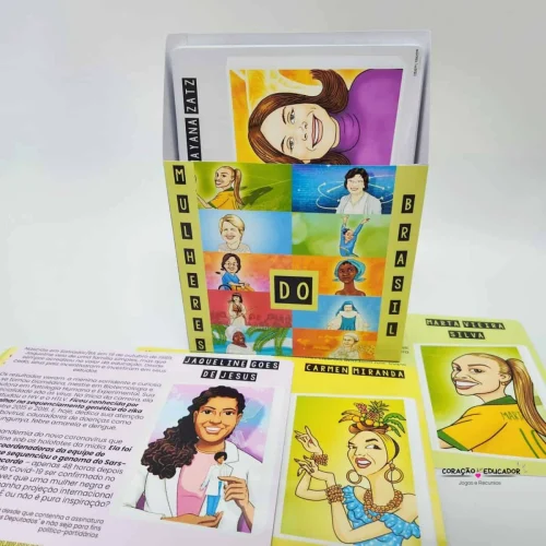 Fichas biográficas de mulheres brasileiras com ilustrações coloridas.