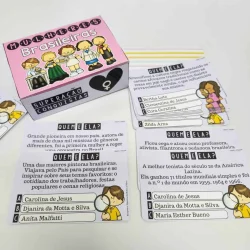 Jogo educativo sobre mulheres brasileiras, com perguntas e ilustrações divertidas.