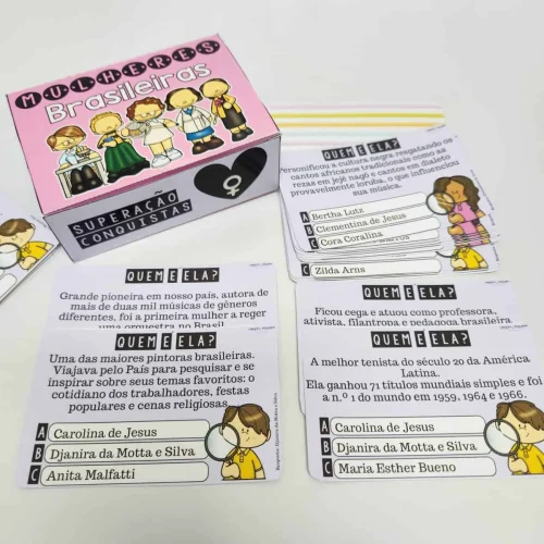 Jogo educativo sobre mulheres brasileiras, com perguntas e ilustrações divertidas.