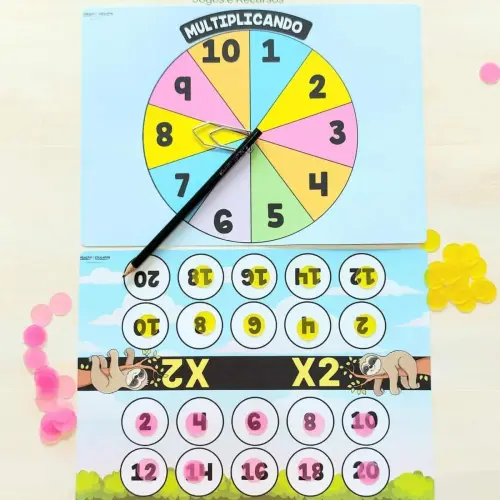 Jogo de multiplicação com roda e fichas para crianças.