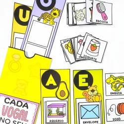 Material didático com cartas de vogais, objetos e imagens para ensinar as letras às crianças.