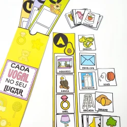 Atividades educativas com vogais e objetos para crianças.