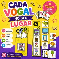 Atividades educativas com vogais e imagens para crianças.