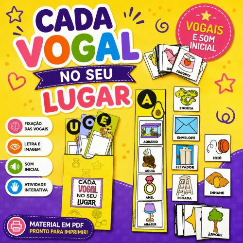 Atividades educativas com vogais e imagens para crianças.