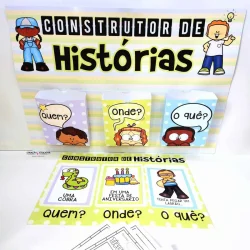Material educativo para ensinar perguntas em histórias infantis.
