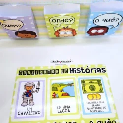 Material educativo para ensinar perguntas quem, onde, o quê.