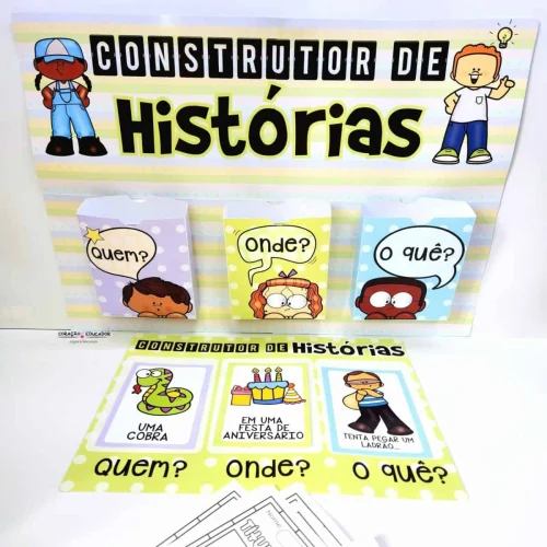Material educativo para ensinar perguntas em histórias infantis.