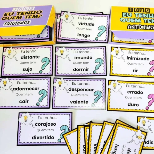 Cartelas de jogo com palavras de sinônimos e antônimos educativas.
