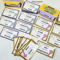 Jogo educativo com cartas de sinônimos e antônimos para crianças.