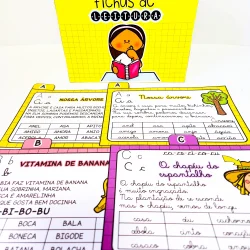 Fichas de leitura coloridas para crianças com letras e palavras.