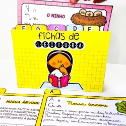 Fichas de leitura coloridas para crianças com desenhos e letras.