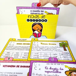 Fichas de leitura coloridas para crianças com letras e desenhos.