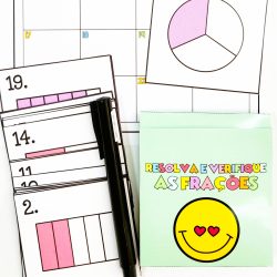 Material de atividades de frações com gráficos, desenhos e cartazes educativos.