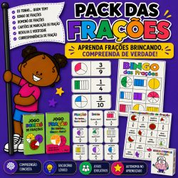 Material educativo de frações para crianças com jogos e atividades.