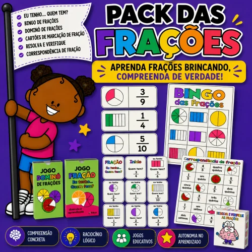 Material educativo de frações para crianças com jogos e atividades.