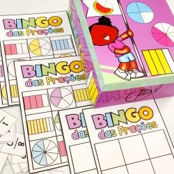 Jogo educativo de bingo com frações para crianças.