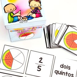 Atividades de frações com cartas ilustradas para crianças.