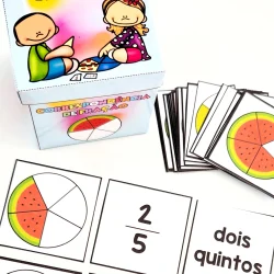Atividades de frações com cartas ilustradas para crianças.