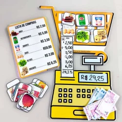 Cesta de compras de brinquedo com alimentos e dinheiro de mentira para crianças.