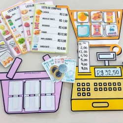 Brinquedos de supermercado com lista de compras e caixa registradora para crianças.