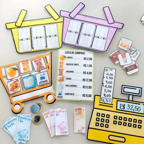 Jogos de compras educativos com fichas e lista de preços para crianças.