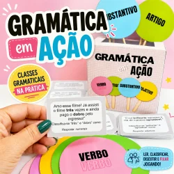 Jogo educativo de gramática com cores vibrantes e palavras-chave.