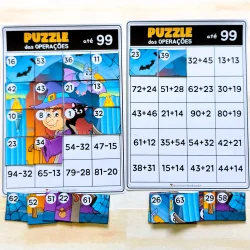 Jogo educativo de operações matemáticas com cartas e tabuleiro colorido.