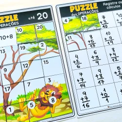 Quebra-cabeça de operações matemáticas para crianças, com leão e árvores coloridas.