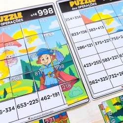 Quebra-cabeça com operações matemáticas para crianças, ensino de adição, subtração, multiplicação e.