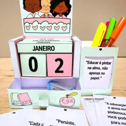Calendário permanente motivacional com mensagens educativas e calendário de janeiro.