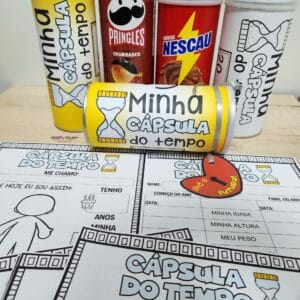 Cápsula do Tempo educativa com moldes e atividades criativas para registrar sonhos, metas e autorretratos de alunos para reabrir no futuro.
