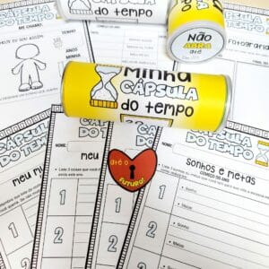 Cápsula do Tempo educativa com moldes e atividades criativas para registrar sonhos, metas e autorretratos de alunos para reabrir no futuro.