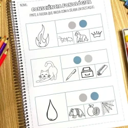 Atividades educativas de consciência fonológica com imagens para crianças.