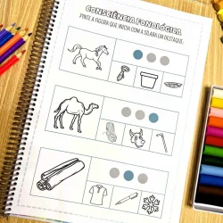 Atividade de consciência fonológica com desenhos de animais e objetos.