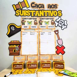 Atividade educativa de caça aos substantivos com desenhos e categorias.