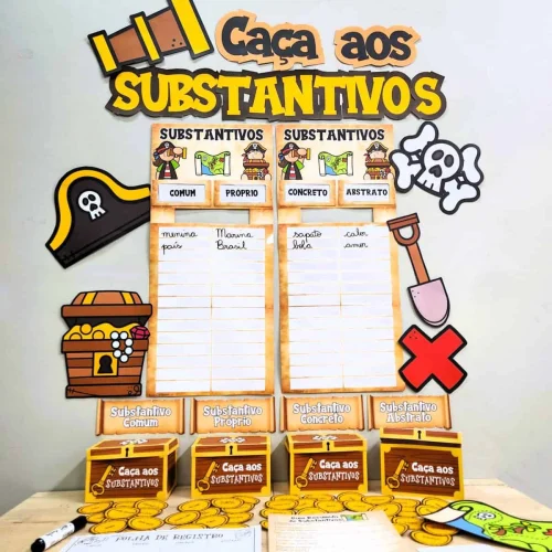 Atividade educativa de caça aos substantivos com desenhos e categorias.