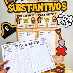 Atividade de caça aos substantivos com personagens e elementos divertidos.