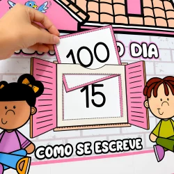 Cartaz educativo com números e crianças, ensino de como escrever números em português.