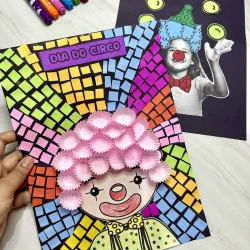 Arte de circo com papel colorido e desenho de palhaço para o Dia do Circo.