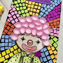 Arte de circo com palhaço colorido e mosaico vibrante para o Dia do Circo.