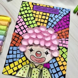 Arte infantil com tema de circo e palhaço colorido para atividades escolares.