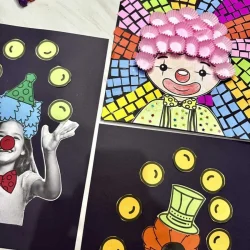Arte de circo com desenhos de palhaços e cores vibrantes para crianças.