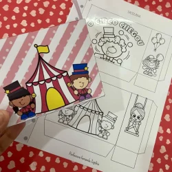 Cartaz de atividades de circo para crianças com desenhos coloridos.