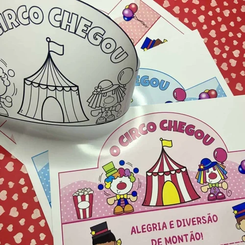 Material de atividades de circo para crianças com personagens divertidos.